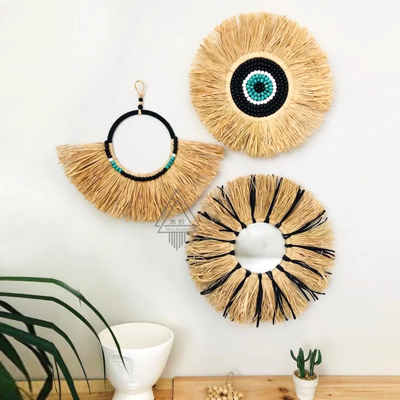 Moroccan Hemp Rope Wooden Bead Mirror Round Raffia Wall Hangings Ins Handmade Straw Decorations