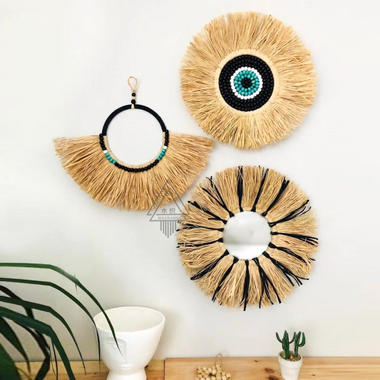 Moroccan Hemp Rope Wooden Bead Mirror Round Raffia Wall Hangings Ins Handmade Straw Decorations