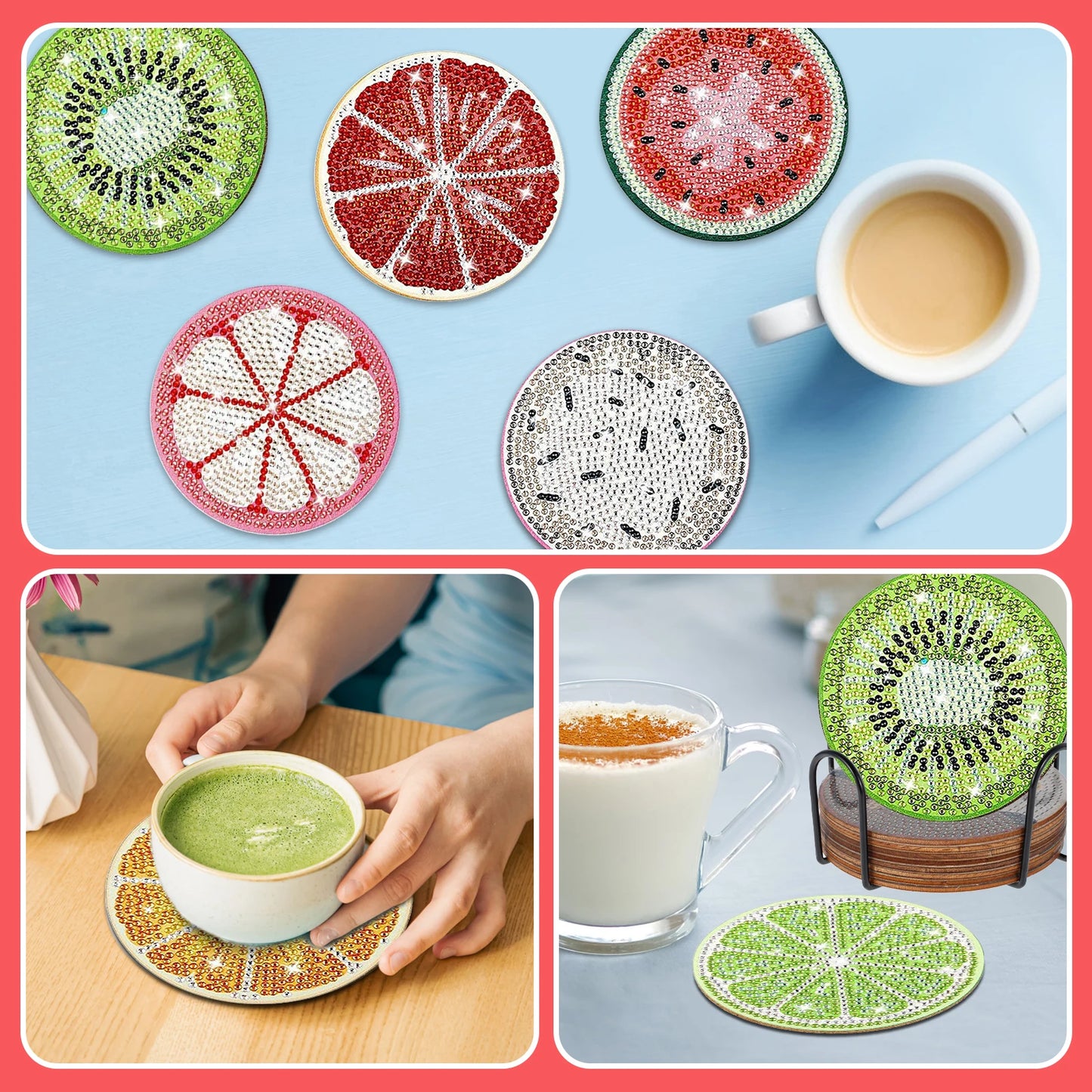 13Pcs Diamond Painting Coasters Kit Decorative Fruit Pattern Art Cup Coaster with Holder Round Small Tabletop Protection Coaster