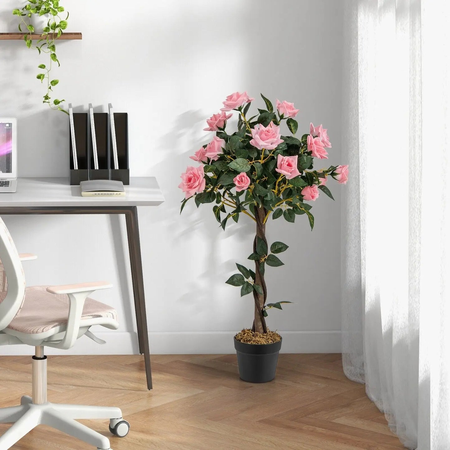 ERGOMASTER 90CM Artificial Flower Tree Faux Floral Plant W/Pine Roses Greenery Potted Plant