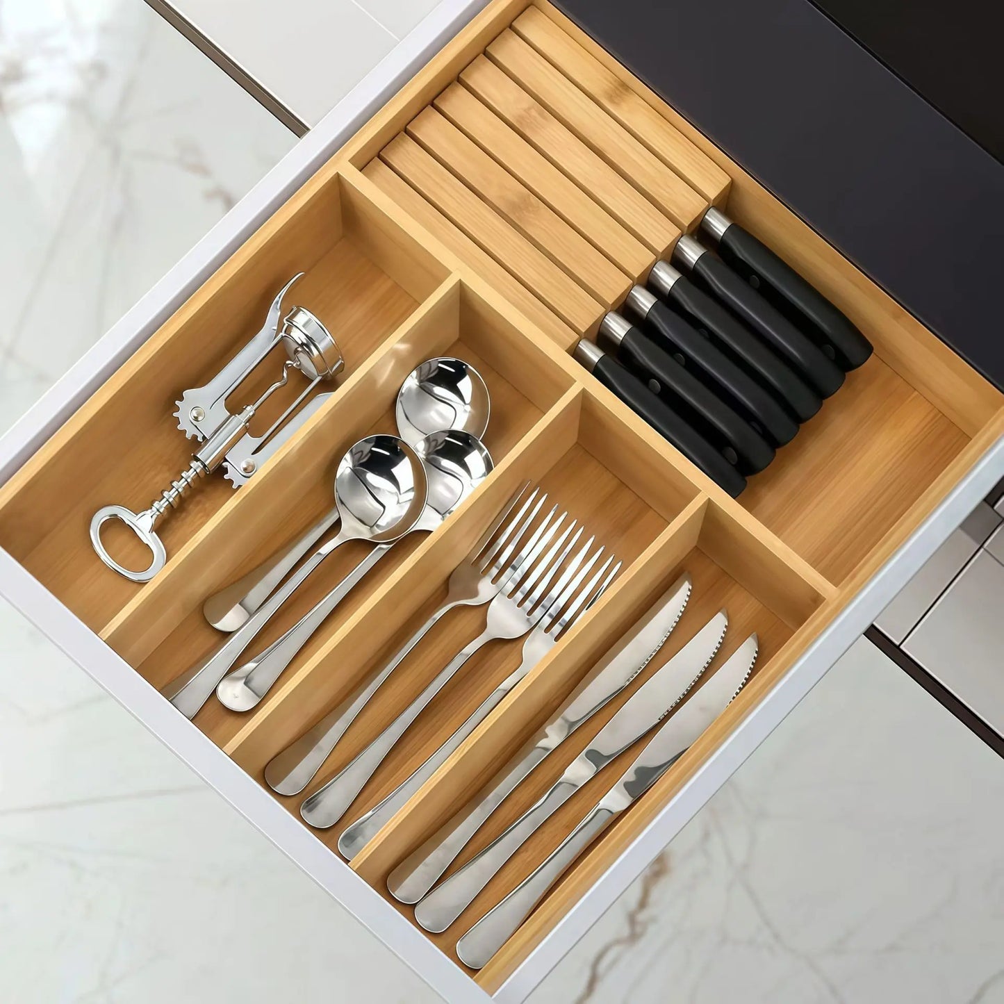 Tejesa Adjustable Bamboo Cutlery Drawer Organizer for Kitchen Utensils Storage Tray Expandable Bamboo Utensil Holder for Kitchen Drawer