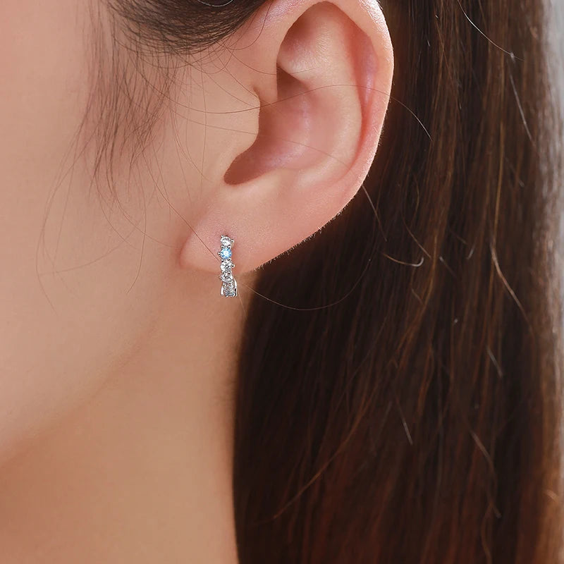 Modian Real 925 Sterling Silver Sparkling Blue Zirconia Ear Buckles Fashion Hoop Earrings Original Design For Women Fine Jewelry