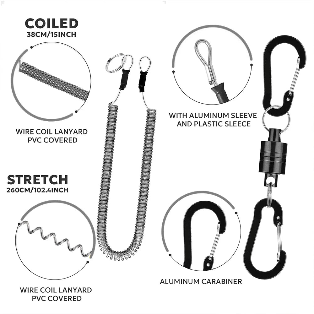 Fishing MRC Magnetic Release Clip Net Holder with Fishing Tool Coiled Lanyard 1.5m Black