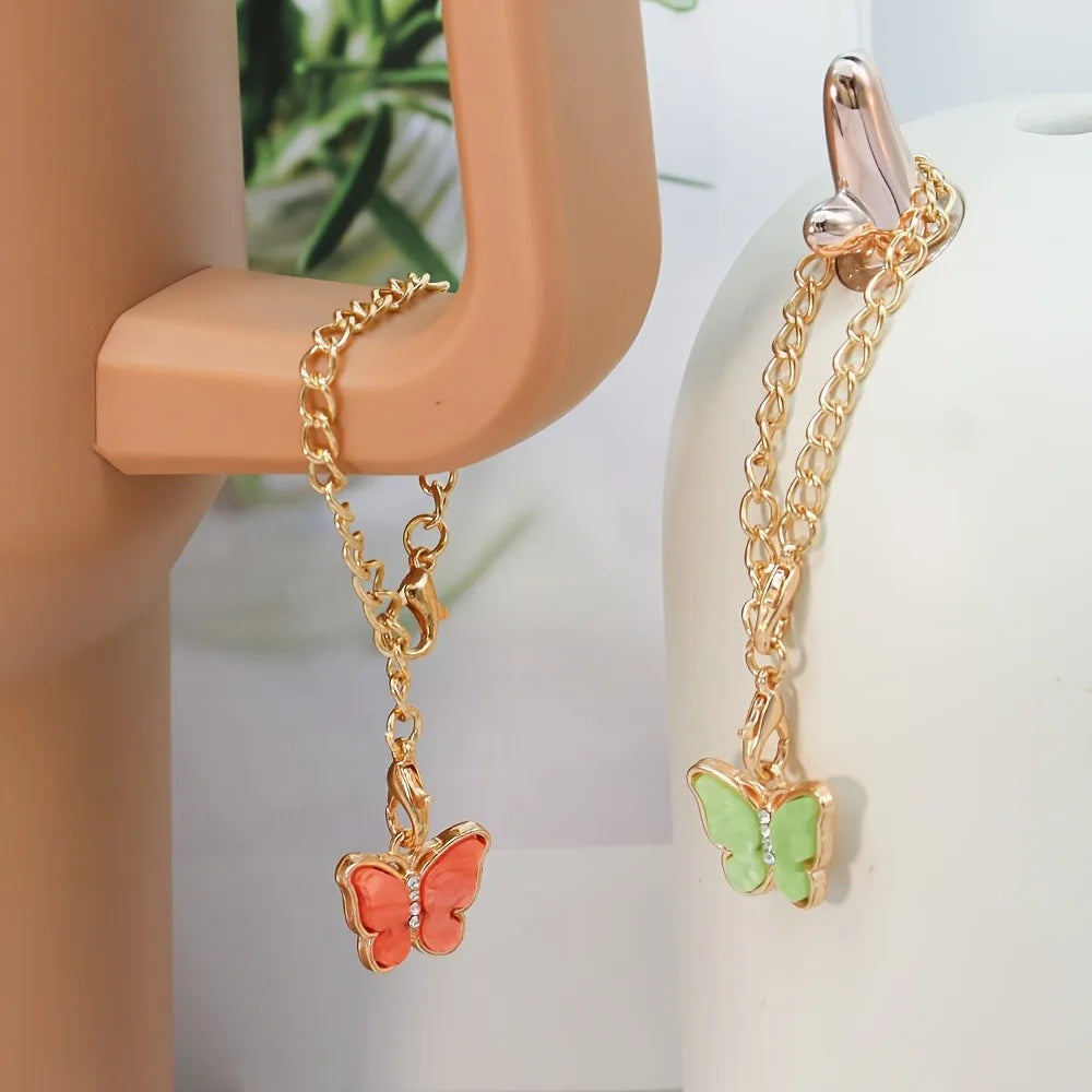 3Pcs Bow Straw Cap Covers Toppers Accessories for Stanley 30&40 Cups Silicone Boot Butterfly Charm Chain for Tumbler with Handle