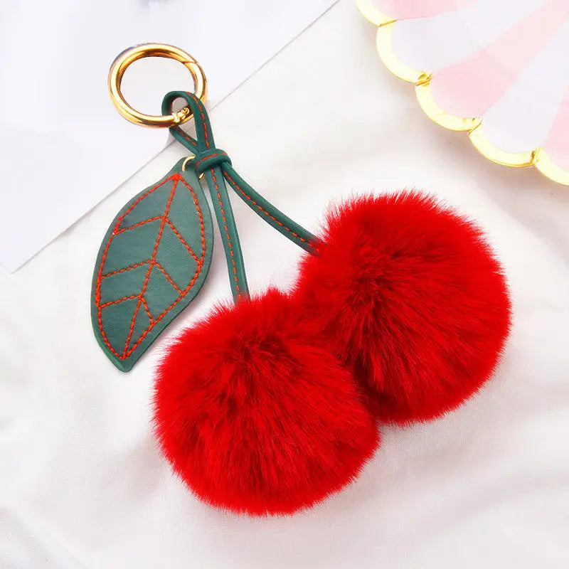 New Fashion Plush Cherry Keychains for Women Girls Fluffy Cartoon Rabbit Fur Ball Pompom Leaf Key Chains Rings Keyring Bag Gifts