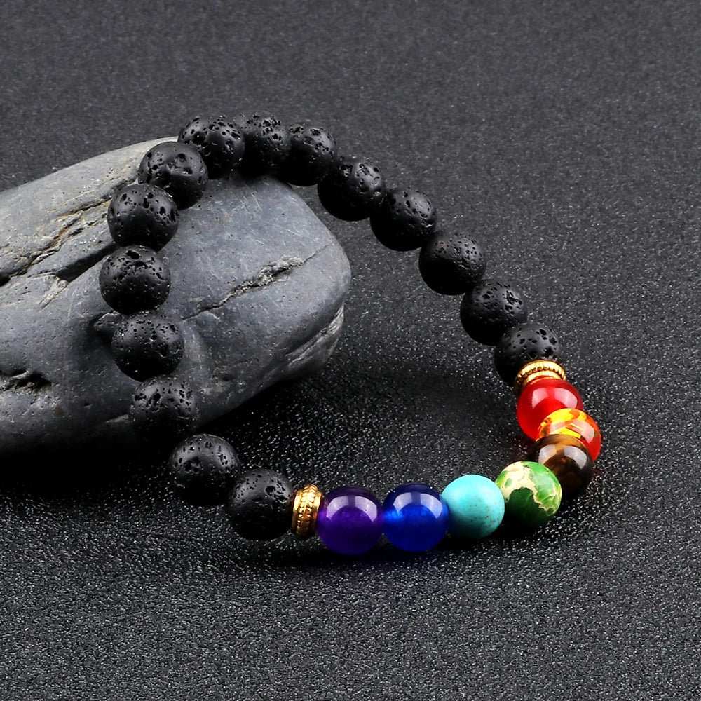 Hemasa 7Chakra Beaded Bracelets Natural Tiger Eye Stone Black Lava Yoga Healing Bracelet for Women Men Meditation Bangles Jewelry Gift