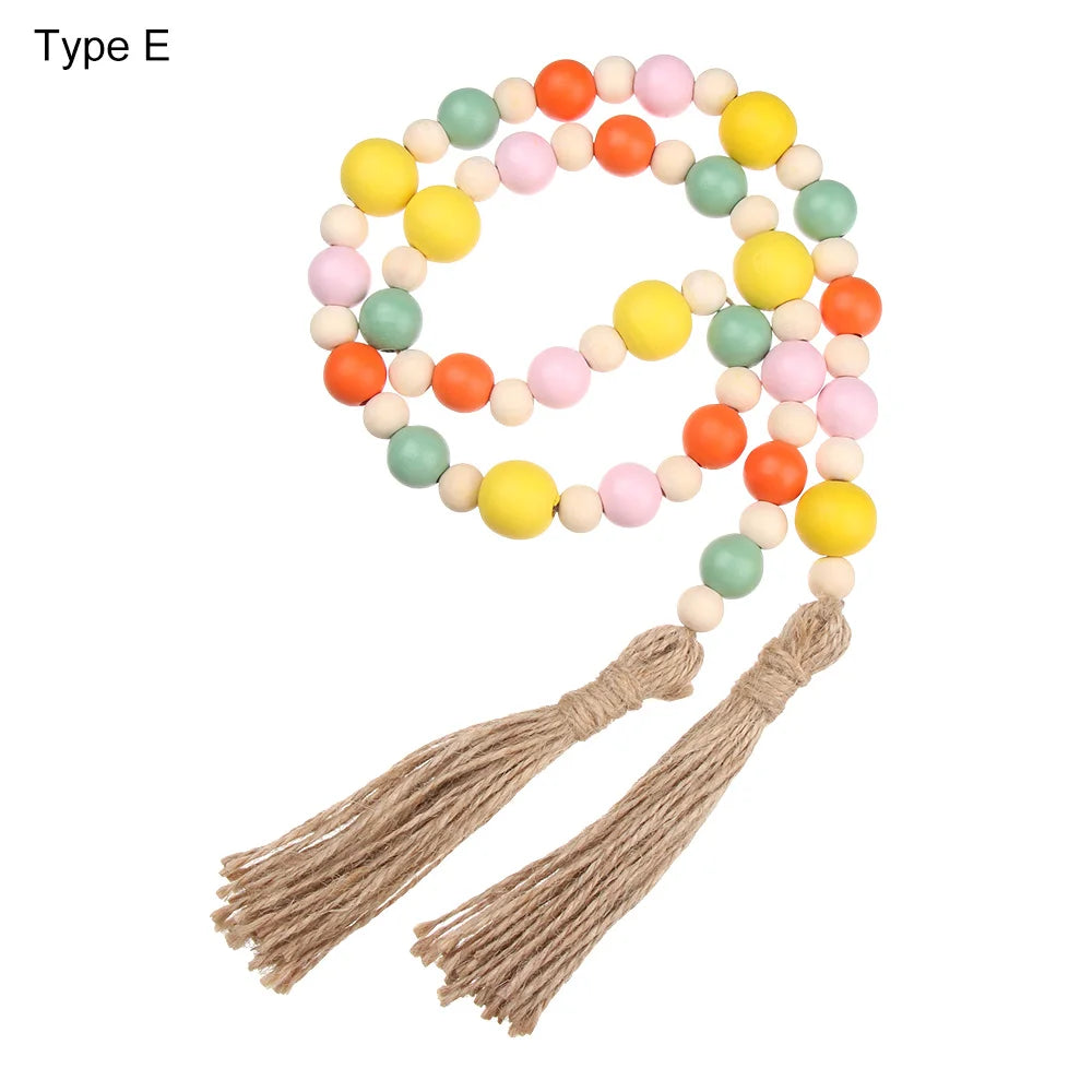 Wood Bead Garland with Jute Rustic Boho Tassels String DIY Wall Hanging Handmade Garland Farmhouse Home Decor Ornament Gift