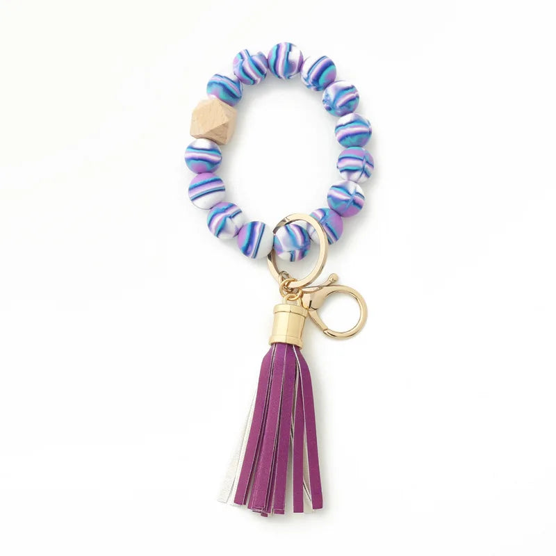 Silicone Keychain For Keys Tassel Wood Beads Bracelet Keyring For Women Multicolor Beads Keychain Fashion Keychain Wholesale