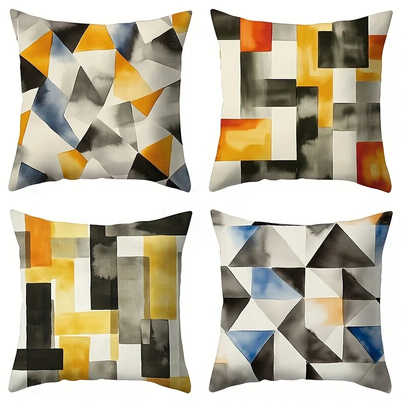 Hemasa 4pcs Retro geometric design Single-sided printing Short plush Suitable for living rooms bedrooms sofas (excluding pillow cores)