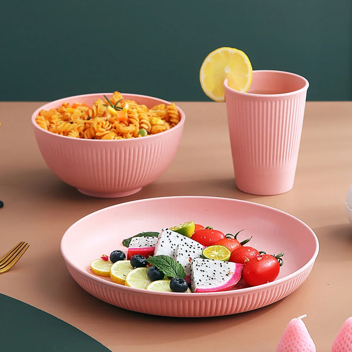 Heamsa 4Pcs Wheat Straw Tableware Set Plate Dish Bowl Cup Unbreakable Kitchen