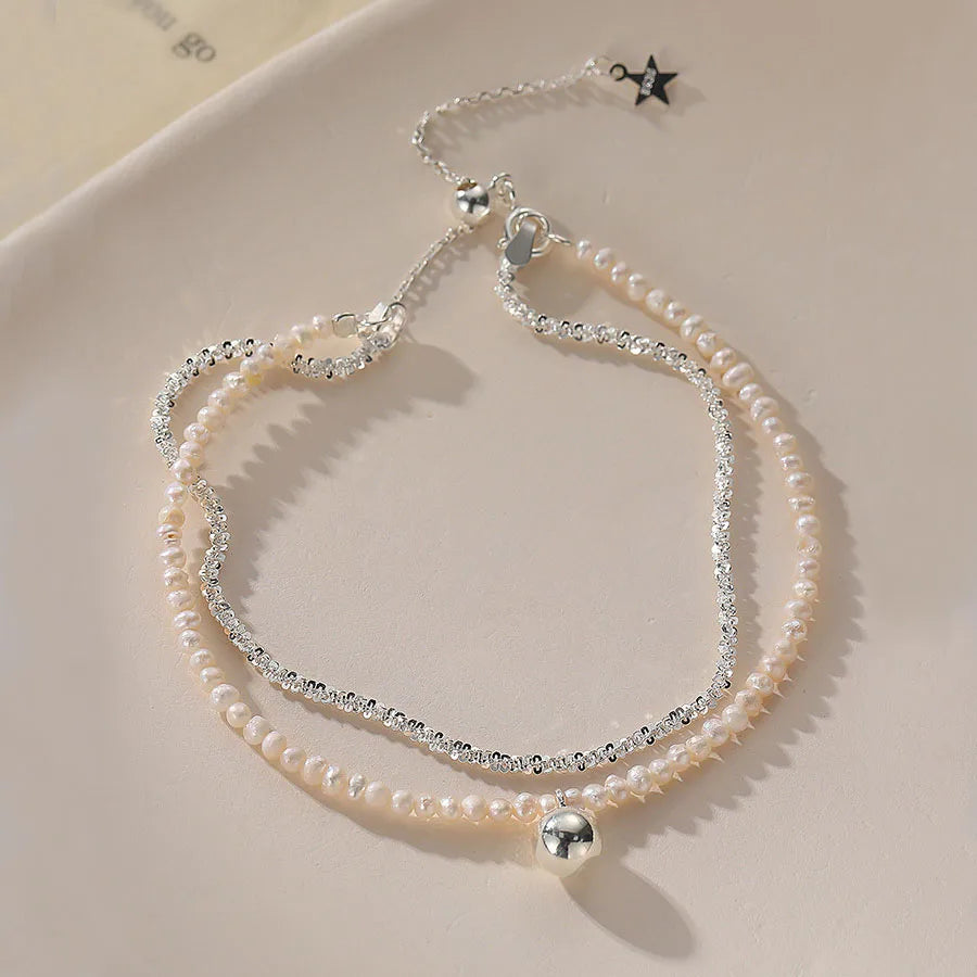 VENTFILLE 925 Sterling Silver Star Love Heart Pendant Round Bead Pearl Bracelet For Girls Sweet Romantic Style Gifts For Lovers