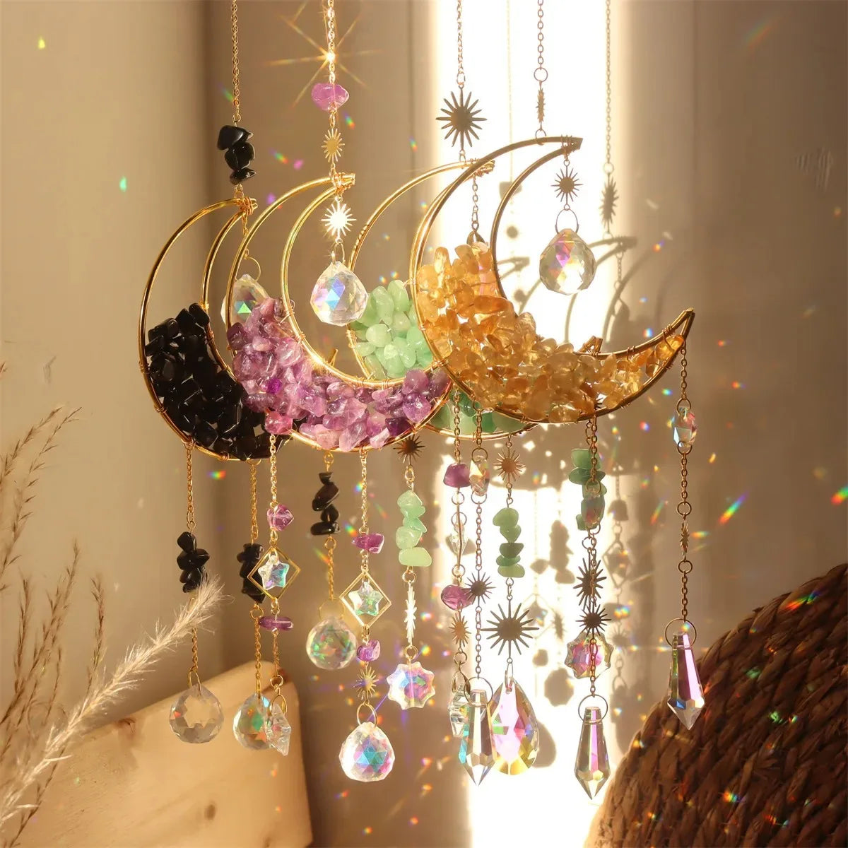 Hemasa Crystal Sun Catcher Wind Chimes Wall Hanging Decor Prism Wind Bell Moon Catchers Rainbow Maker Bedroom Home Decoration Art Gift