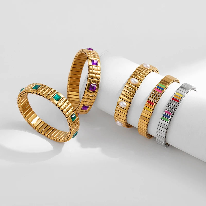 Tejesa  Stainless Steel Gold Plated  Pearl Elastic Bracelet Women /Girls