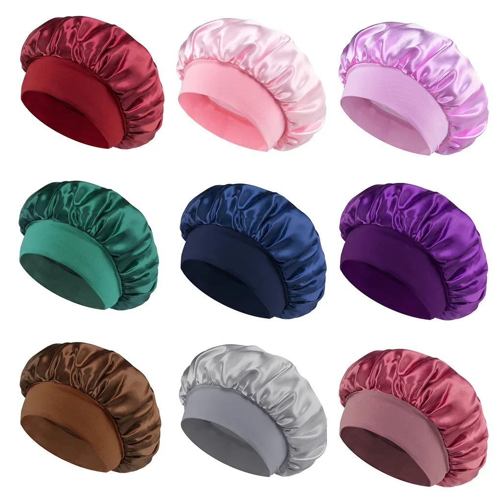 Hemasa Women Satin Bonnet Hair Bonnet for Sleeping Hair Care Silk Bonnets Solid Wide-brimmed Sleeping Hat with Elastic Soft Band