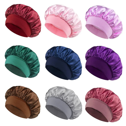 Hemasa Women Satin Bonnet Hair Bonnet for Sleeping Hair Care Silk Bonnets Solid Wide-brimmed Sleeping Hat with Elastic Soft Band