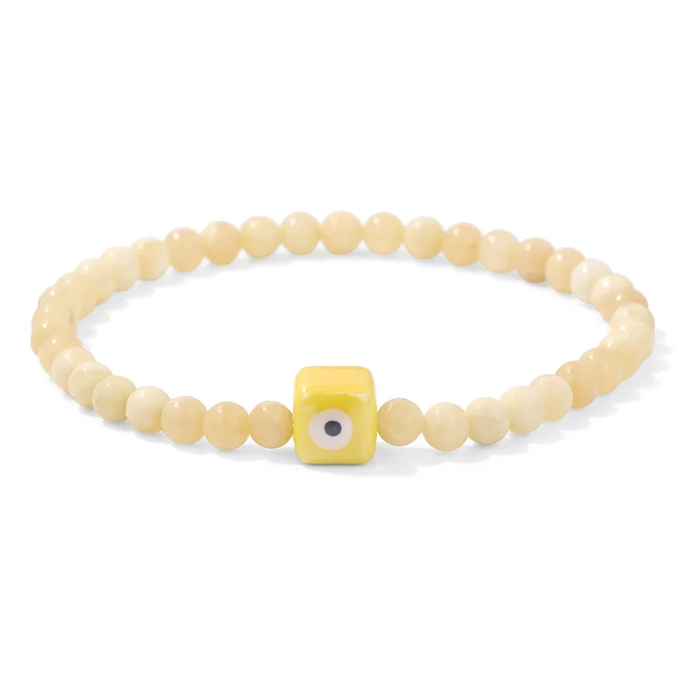 Tejesa Square Eye Bracelet Natural Stone 4mm Beads Elastic Bracelets for Women Men Turkish Evil Eye Lucky Protection Blessing Jewelry