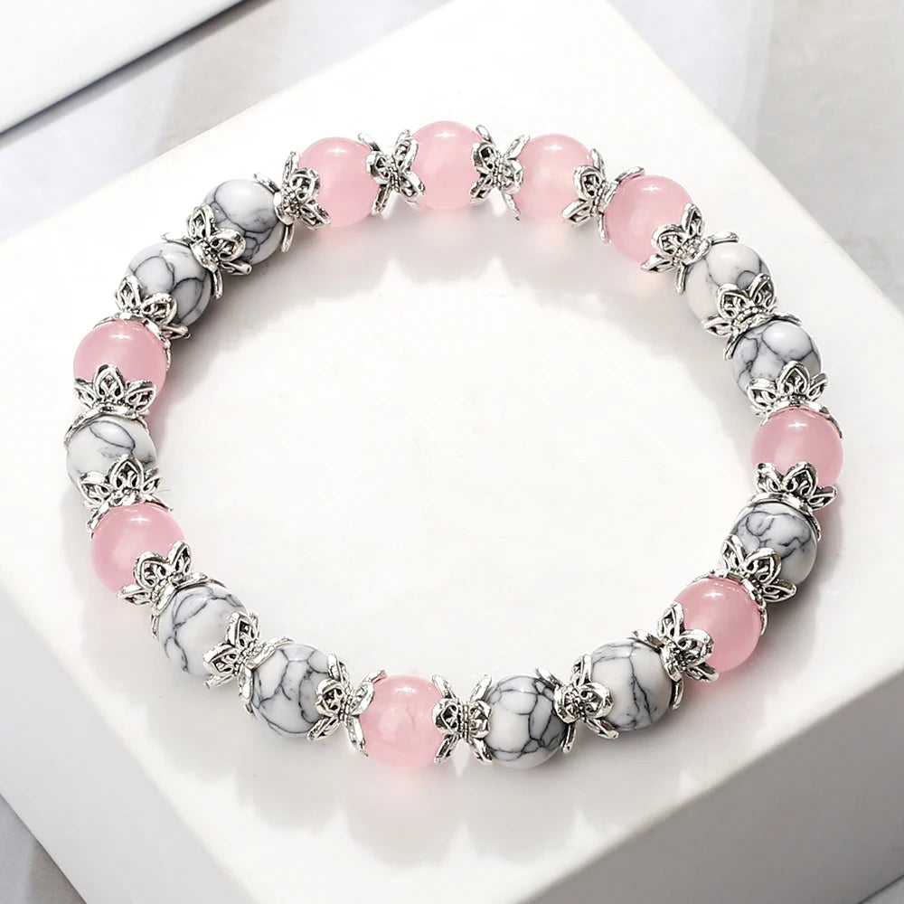 Hemasa Pink Quartz Beads Bracelets/ Natural Black Lava Stone  Stretch Bracelet
