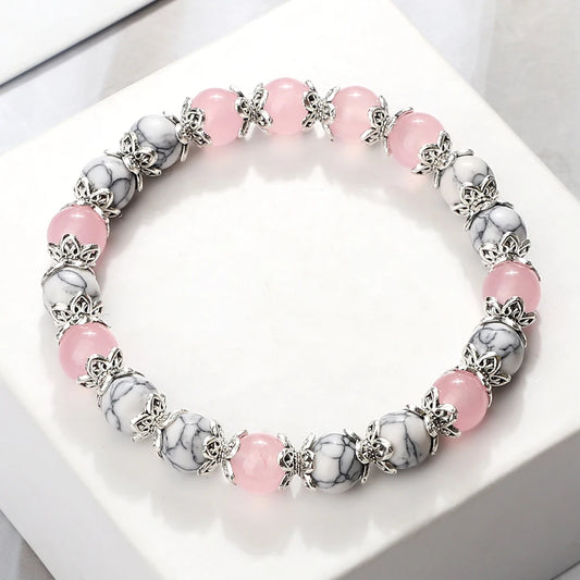Hemasa Pink Quartz Beads Bracelets/ Natural Black Lava Stone  Stretch Bracelet