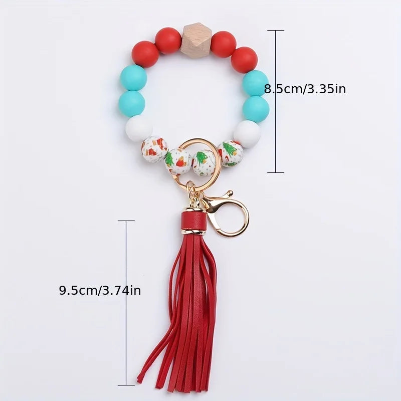 Hemasa Colorful Silicone Tassel Bracelet Keychain /Wood Beads Christmas Theme Party Favor Jewelry Accessory Versatile Gift