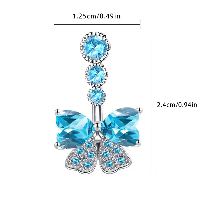 Blue Crystal Zircon Belly Button Rings Dangle Heart Butterfly Navel Piercing Stainless Steel Belly Bar Body Piercing Jewelry
