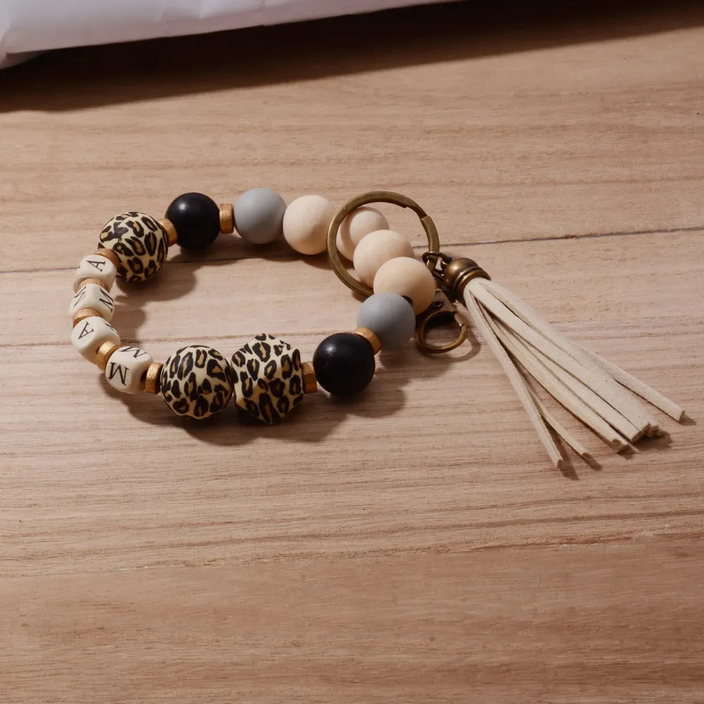 2022 New Boho Leopard Sunflower Silicone Bead NANA Wristband MAMA Key Chain Pendant Custom Name Charm Mother's Day Jewelry Gift
