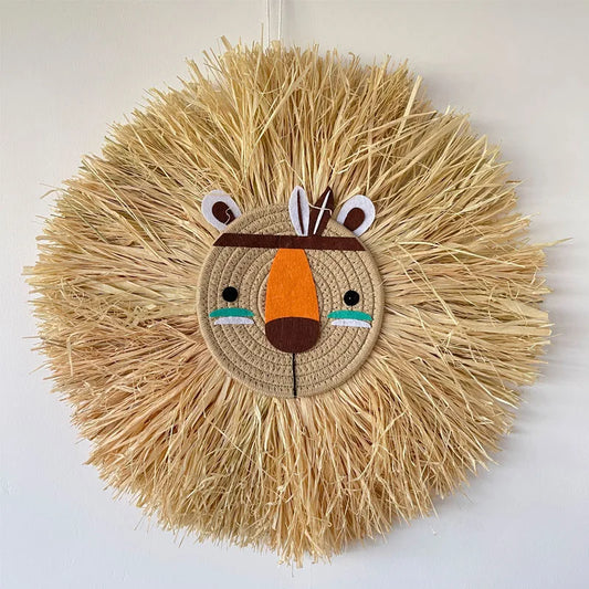 New Nordic Lion Head Hanging Decorations Cotton Thread Raffia Animal Head Ornament for Nursery Room Children Room Baby Kids Room