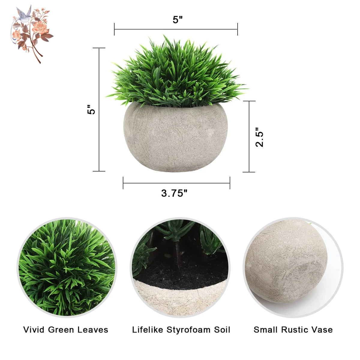 2Pcs Artificial Plants Potted Green Bonsai Short Needle Grass Pot Ornaments Simulation Flowers for Home Office Table Decoration