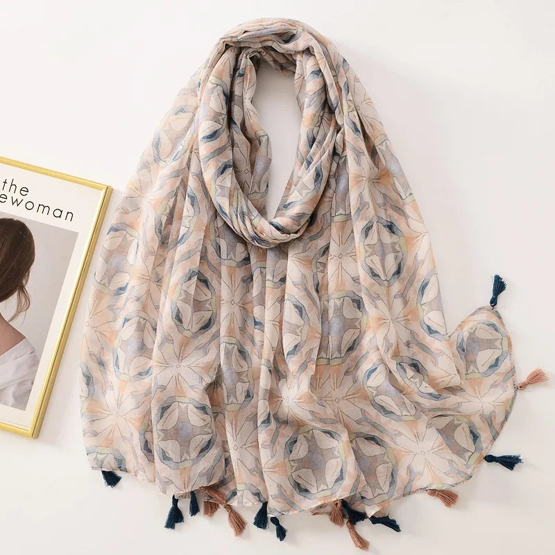 Elegant Woman Shawl Fashion Design Tassel Cotton Scarf Muslim Hijab Scarfs Floral Print Ladies Scarves For Beach Party Bandana