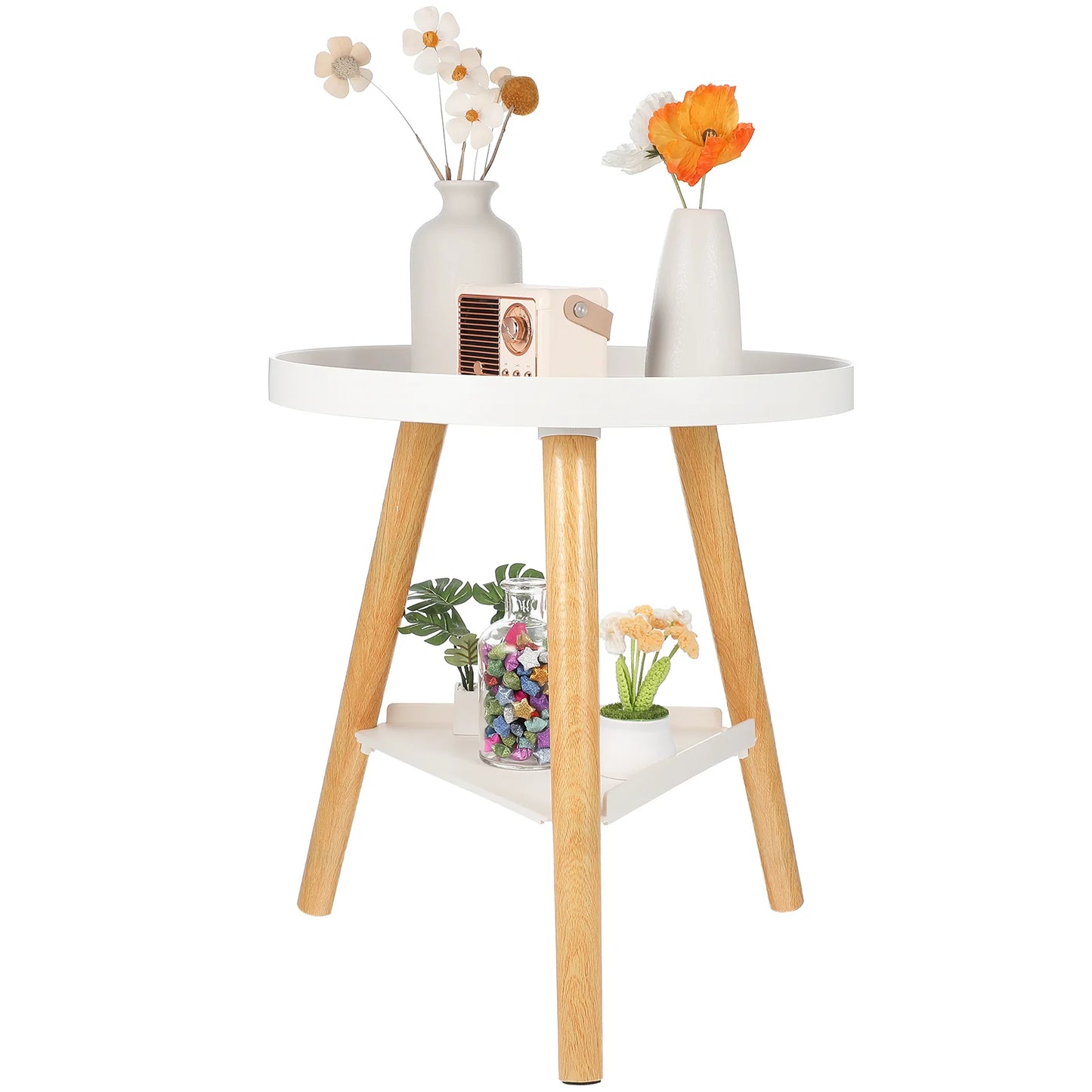 Side Table Round Double Layer Accent Table Small End Table Indoor Plants Stand Wooden Bedside Tables Living Room Furnitures