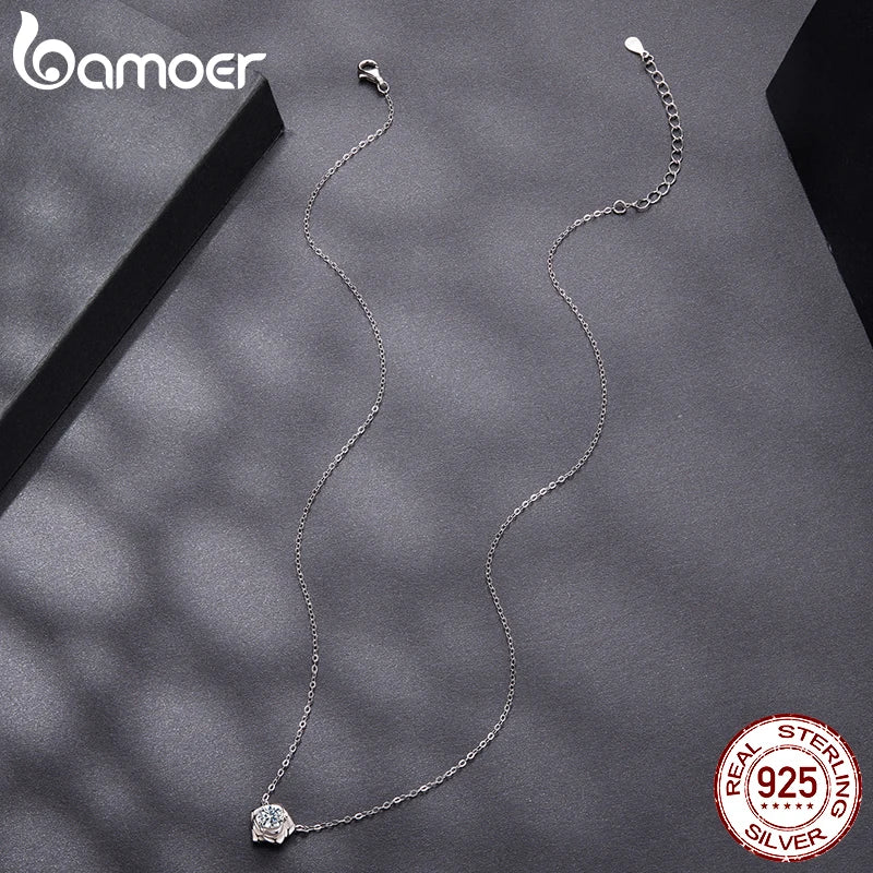 BAMOER 0.5CT Moissanite Rose Flower Pendant Necklace 925 Sterling Silver Round Cut Diamond O-Chain for Women Valentine's Day