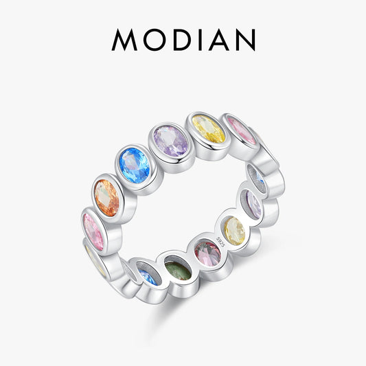 MODIAN 925 Sterling Silver Rainbow Color Cubic Zirconia Rings Luxury Wedding Engagement Rings Band For Women Jewelry