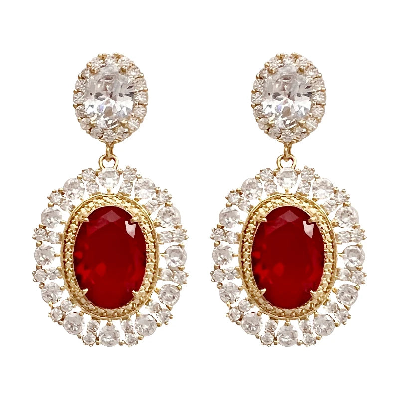Tejesa Huitan Unique Oval Red Cubic Zirconia Drop Earrings Luxury Gold Color Accessories for Women Anniversary Party Statement Jewelry