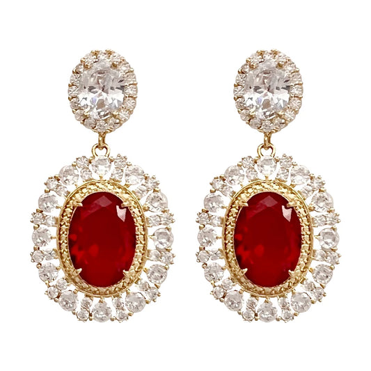 Tejesa Huitan Unique Oval Red Cubic Zirconia Drop Earrings Luxury Gold Color Accessories for Women Anniversary Party Statement Jewelry