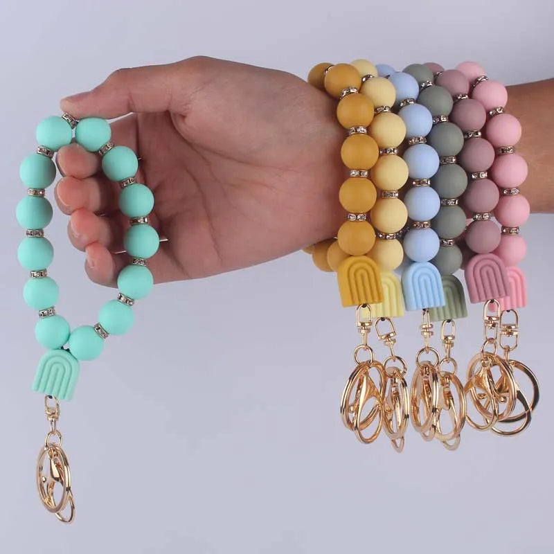 Hemasa Rainbow Bracelet Pendant Keychain Food Grade Silicone Bead Keyring/ Lobster Clasp Women Schoolbag/ Car Key Chain Jewelry