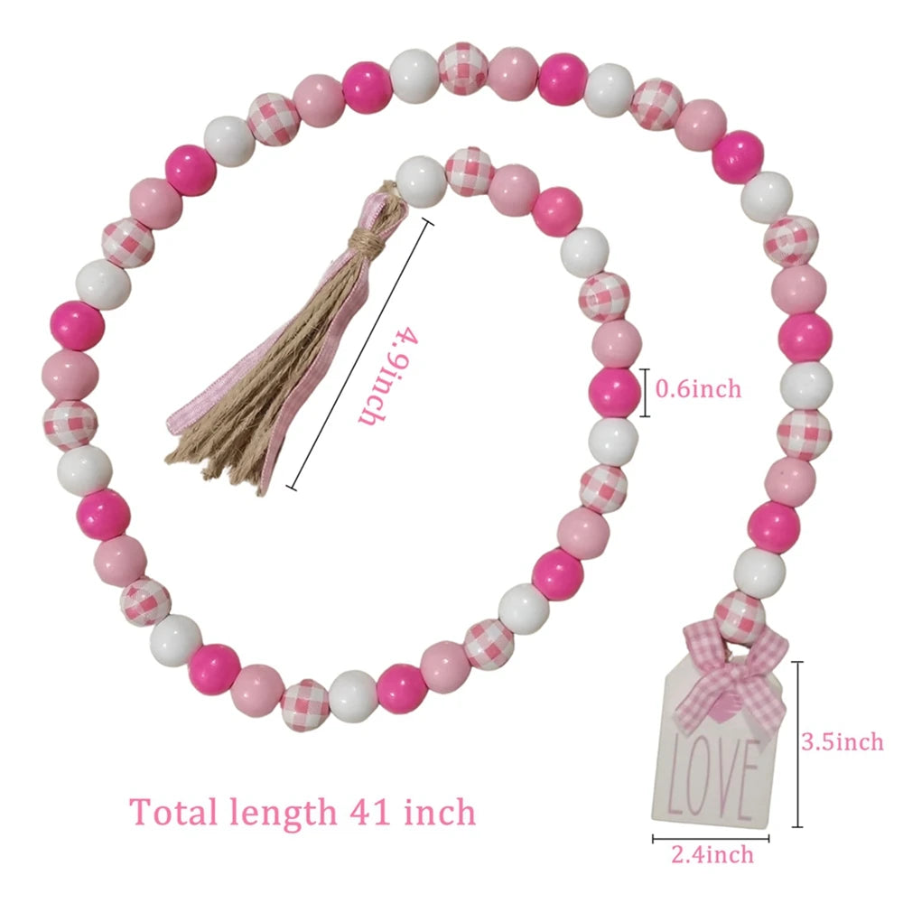 Freeship Sweet Love Wood Beads Garland Valentine’s Day Tiered Tray Decors Beaded Garland with Tassels Heart Shaped Pendant