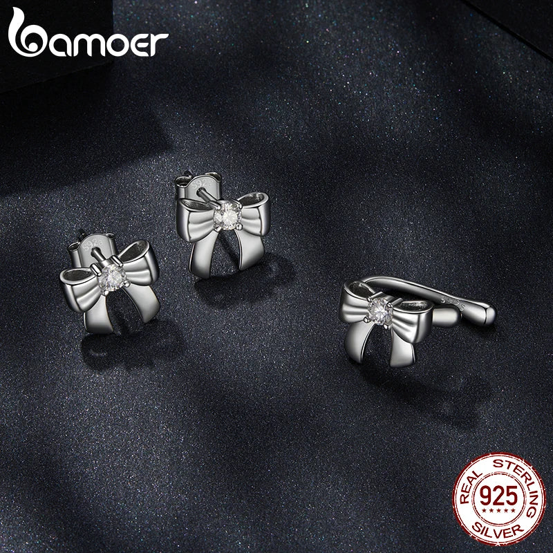 BAMOER Solid 925 Sterling Silver Bow Moissanite Stud Earrings for Women Teens Small Ribbon Stud Earrings Bowknot MSE085
