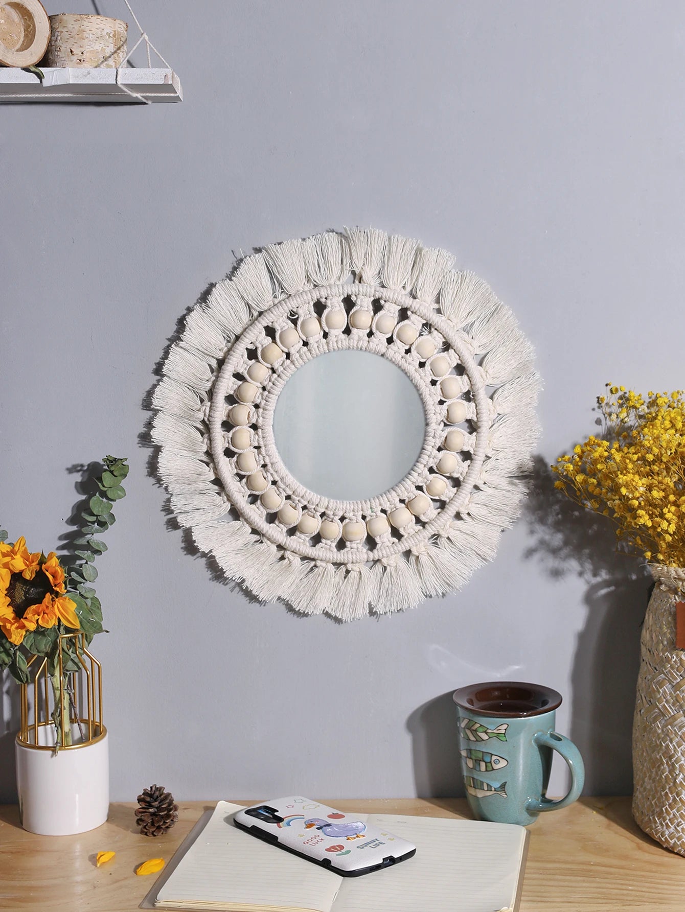 Hemasa Macrame Mirror Round Beige Wooden Beads Mirror Wall Boho Home Decoration Aesthetic Wall Decor Accessories Room Ornament Art Gift