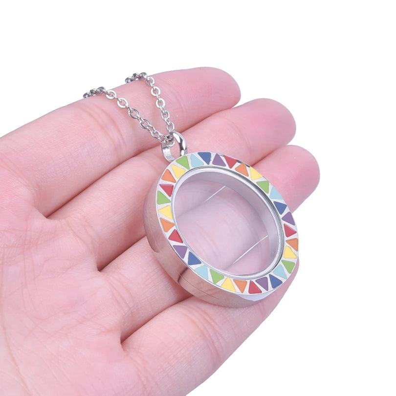 Stainless Steel Necklace for Women Glass Floating Locket Bohemia Colorful Medallion Relicario Photo Collar Long Chain Jewelry