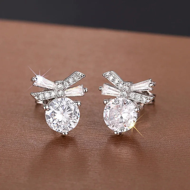 Huitan Chic Shining Zirconia Stud Earrings for Women Delicate Bowknot Accessories for Engagement Graceful Lady Daily Jewelry