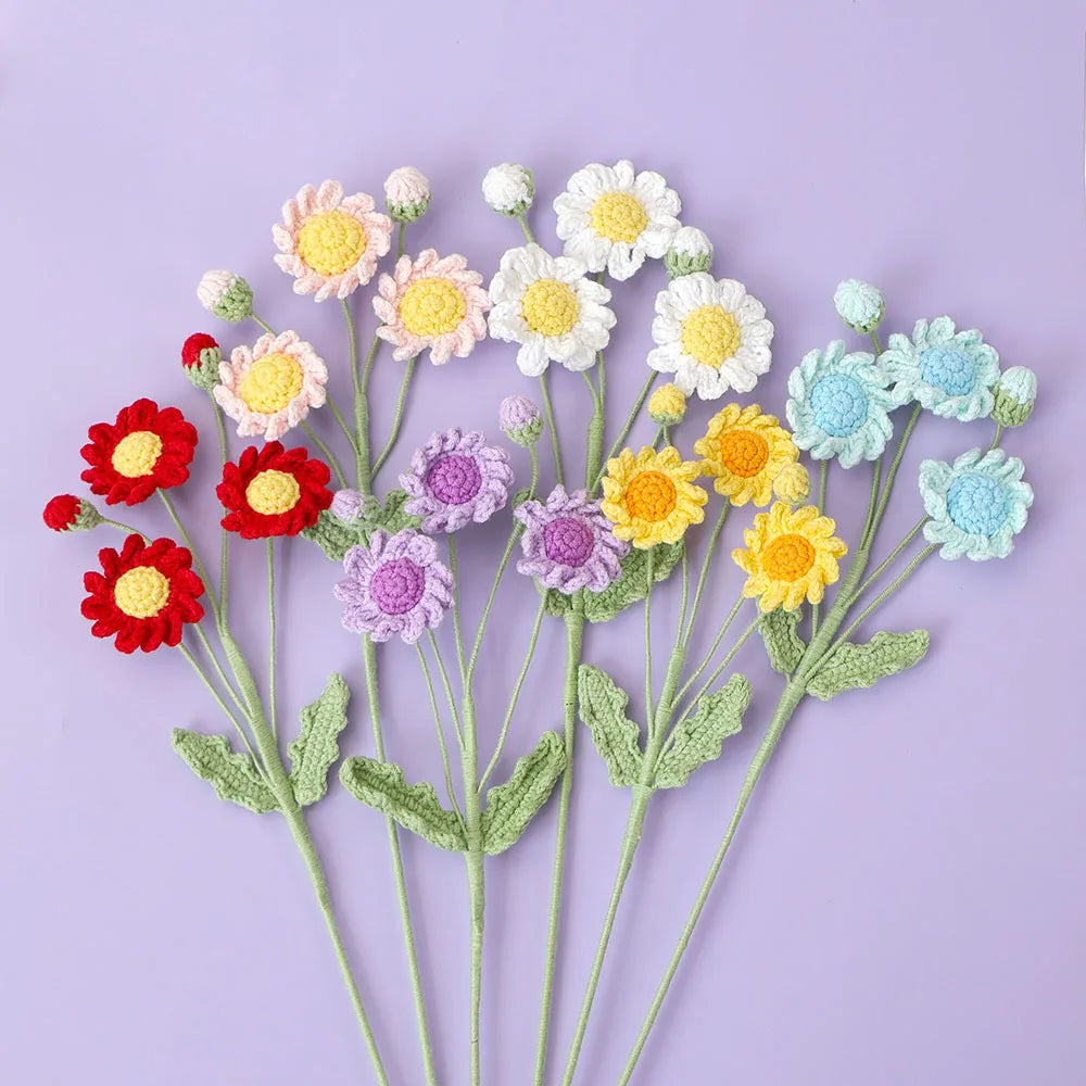 Hemasa 3Pcs Daisy Crochet Flowers Bouquet Cute Knitting Flowers Creative Artificial Flower Handwoven Plant Table Home Decor