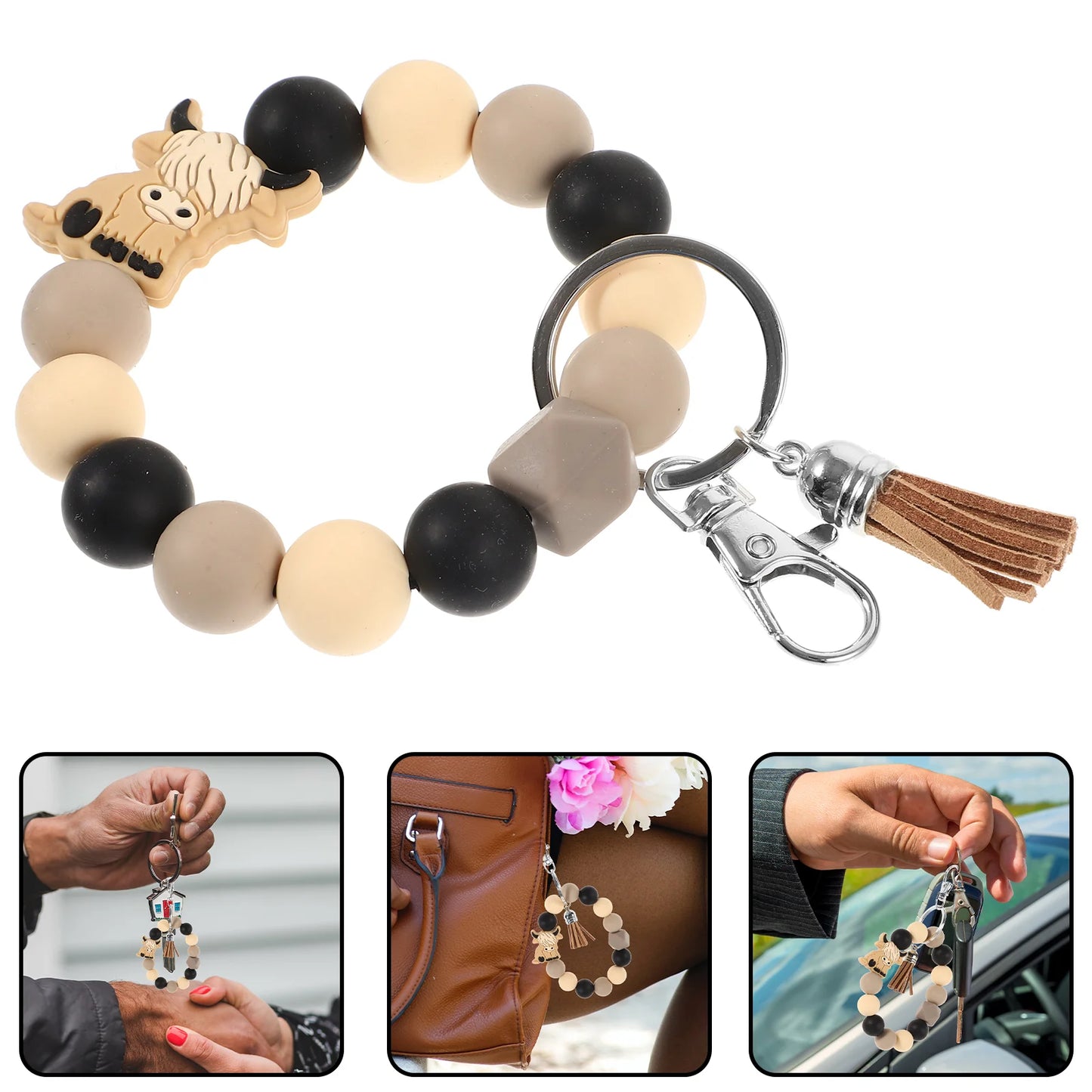 Highland Cow Keychain Silicone Bracelet Beaded Keyring Wristlet Wristbands Multi-function