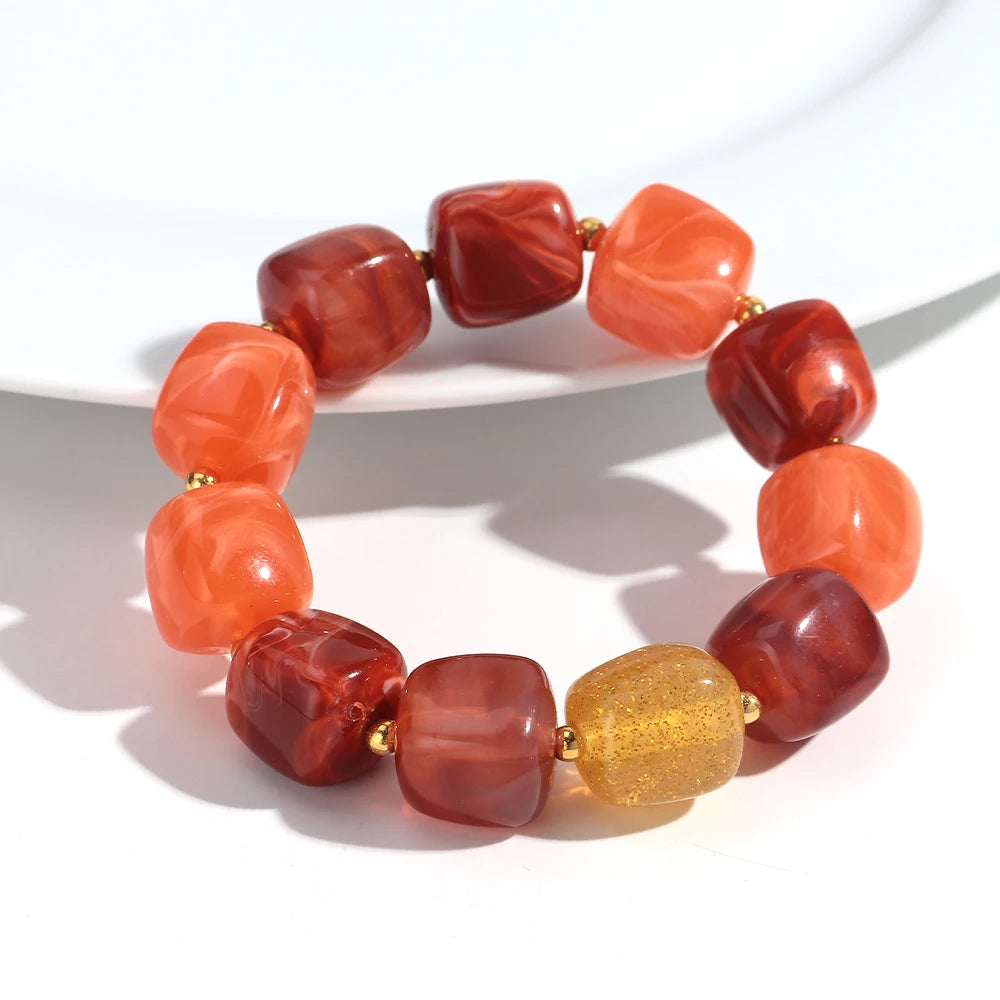 New Multicolor Acrylic Geometric Bead Bracelet for Women Trendy Resin Irregular Square Elastic Bracelets Handmade Jewelry Gift
