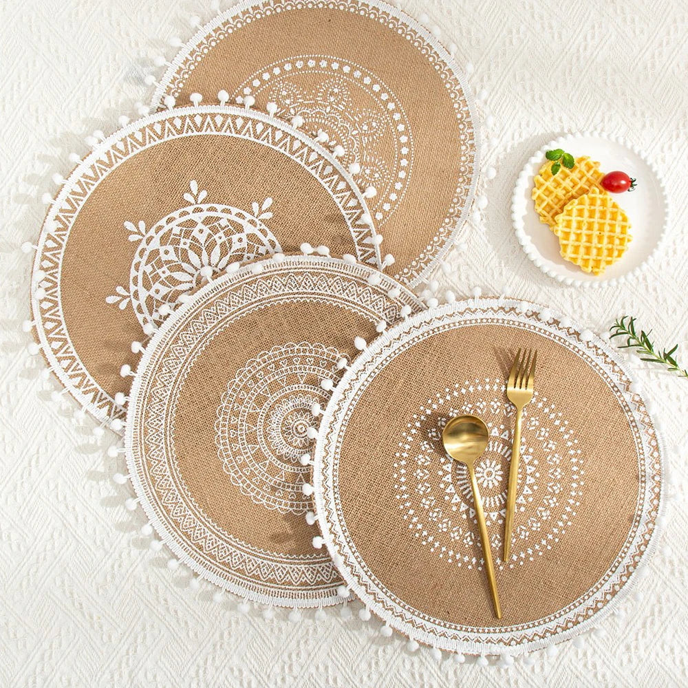 Hemasa Set of 4  Boho Style Woven Jute Cotton Round Placemat Exquisite Embroidery Tassels Table Mat Pad/ Tableware Coaster/ Party Decoration