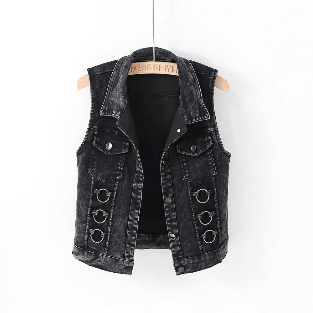 Hemasa White Black Denim Vest Jacket   Short Ladies Coat / Sleeveless Outwear Female Casual Jeans Waistcoat Cardigan Tops