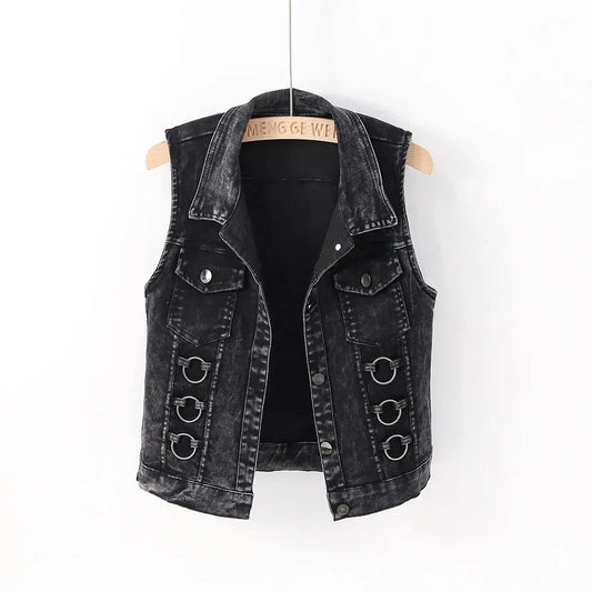 Hemasa White Black Denim Vest Jacket   Short Ladies Coat / Sleeveless Outwear Female Casual Jeans Waistcoat Cardigan Tops