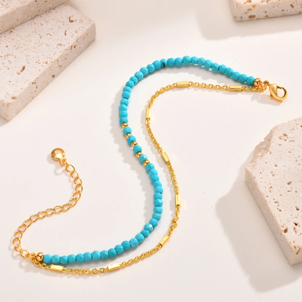 Turquoise Bracelet for Women, Double Chain Round Beaded Bracelet, Tarnish Free Gold Plated Jewelry Gift