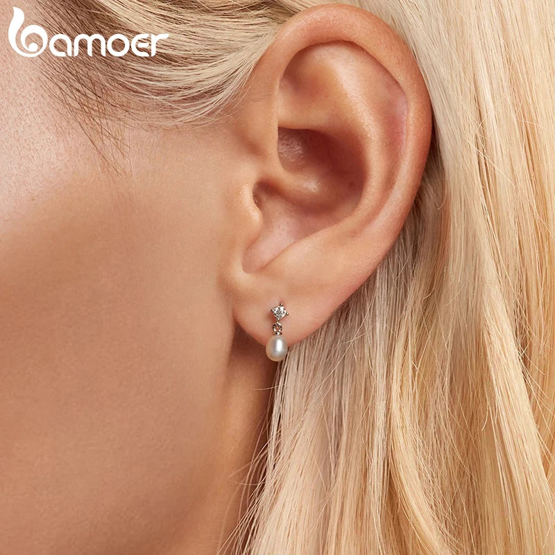 BAMOER White Gold Plated Moissanite Freshwater Pearl Earrings for Women, 925 Sterling Silver Elegant Stud Huggies Christmas Gift