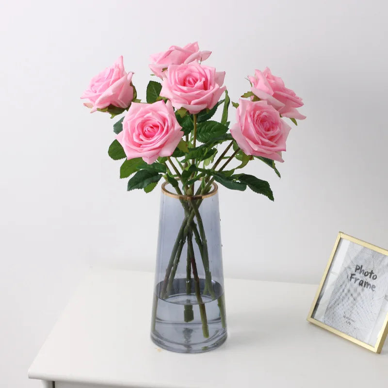 Artificial True Touch Rose Simulation Latex Flowers Branch Wedding Bouquet Home Hotel Desktop Decoration Pink Flower Arrangement