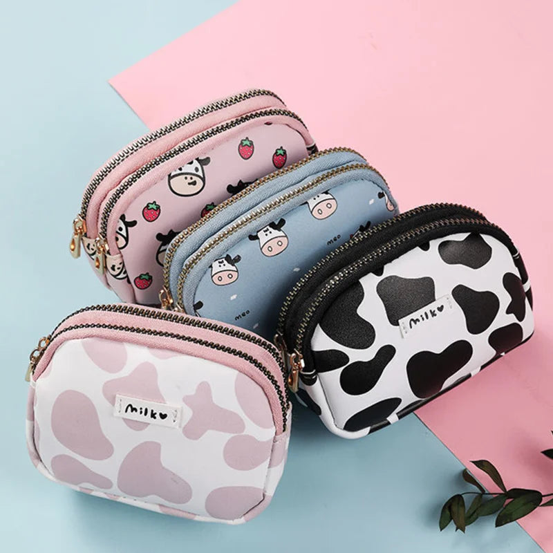 Cute Cow Pattern Coin Purse For Women Card Wallet Students Double Pocket Zipper Key Bag Portable Lipstick Bank Card Storage Bag