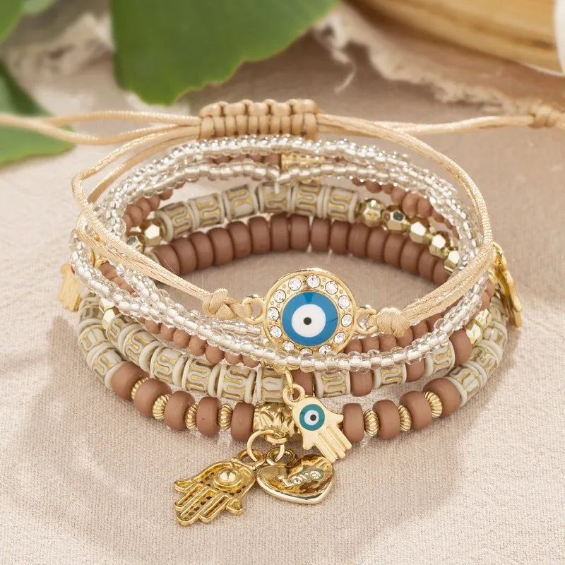 Bohemian Evil Eye Pendant Bracelet Set for Women Crystal Fatima Hand Charm Stone Beads Chain Bangle Female Bohemian Jewelry Gift
